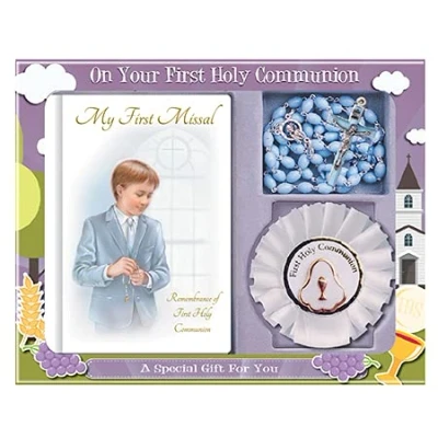 Image of Boys First Holy Communion Hardback Missal, Blue Rosary, Rosette and Prayer Card/Book Mark