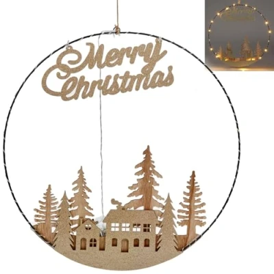Image of URBNLIVING 40cm Hanging Circle 20 Warm White LED Ring Lights Hoop Merry Christmas Decoration Battery Operated Decorative Lighting for Home Window Light