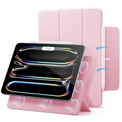 Image of ESR for iPad Pro 13 inch Case (2024), Powerful Magnetic Attachment, Slim Trifold Stand Case, Supports Apple Pencil and (USB C), Auto Wake/Sleep, Durable Protection, Rebound Series, Pink