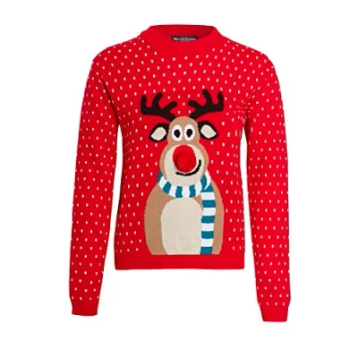Image of Boys Girls Kids Children Unisex Christmas Xmas Knitted Novelty, Retro, Elf, Football Jumper Sweater (as8, Age, 9_Years, 10_Years, Regular, 3D Rudolph Red, 9 10 Years)