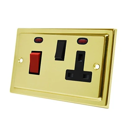 Image of Victorian Polished Brass Cooker Control Unit Black Insert w/Neon Indicators 45A Switch with 13A Switched Plug Socket and Neon 2 Gang Plate