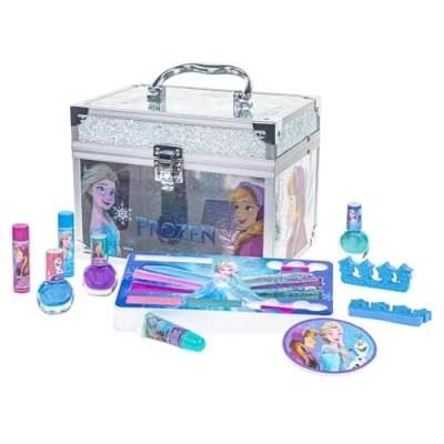 Image of Disney Frozen Train Case Makeup Set for Kids Kit Includes Lip Gloss, Nail Polish, Accessories &amp; more Gifts Ages 3+ by Townley Girl