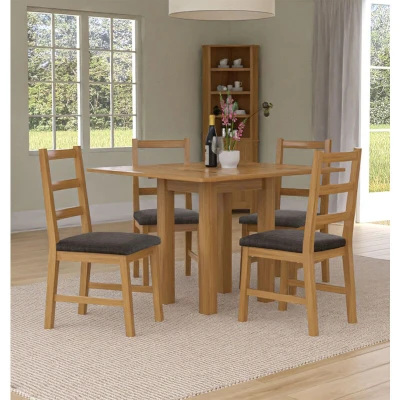 Image of Hallowood Furniture Waverly Oak Dining Tables and Chairs Set of 4, Light Small Folding Table Ladder Back Chair in Charcoal Fabric Seat, Extendable for Home Cafe