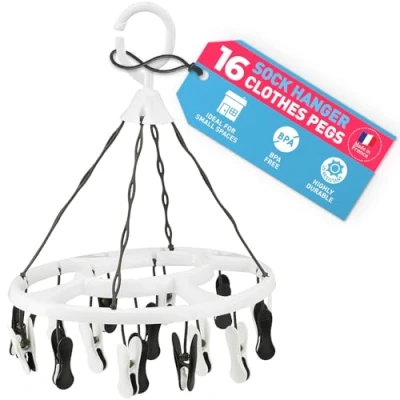 Image of culiclean Sock Dryer Drying Rack with 16 pcs Clothes Pegs for Washing Line Strong Soft Grip, white black Laundry Socks Underwear Bras Baby Gloves