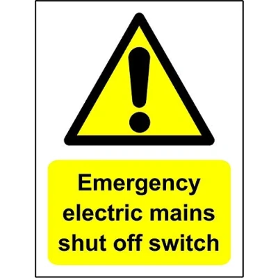 Image of Emergency electric mains shut off switch Safety sign 3mm Aluminium 300mm x 200mm