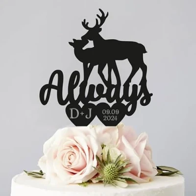 Image of Deer Wedding Cake Topper Buck And Doe Rustic Always Couple Mr Mrs, 6 7.8 Inch For Party Cake, Lover, Newlyweds Celebration