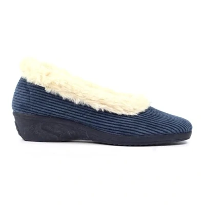 Image of Lunar Ladies&#039; Glynis Blue Fur Trim Wedge Slippers Soft Lining, Cozy Plush Trim, Cushioned Insole, Low Heel, Indoor Rubber Sole, Machine Washable Comfort 8 UK