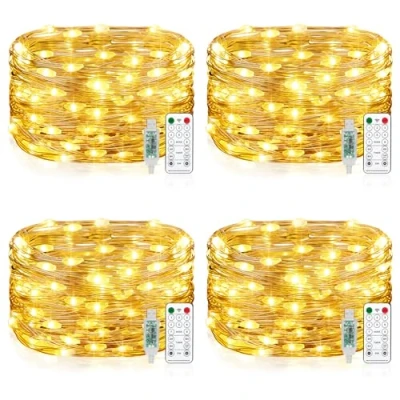 Image of [4 Pack] Fairy String Lights, 100LED 10M 8 Modes USB Powered Remote Control Copper Wire Decorative Lights with Timer for Bedroom, Party, Wedding, Christmas