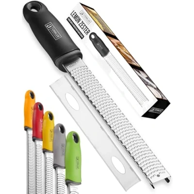 Image of ORBLUE PRO Citrus Zester &amp; Cheese Grater Versatile Kitchen Tool for Lemon, Parmesan, Ginger, Garlic Nutmeg Chocolate Fruits Veggies Razor Sharp Stainless Steel Blade with Protective Cover