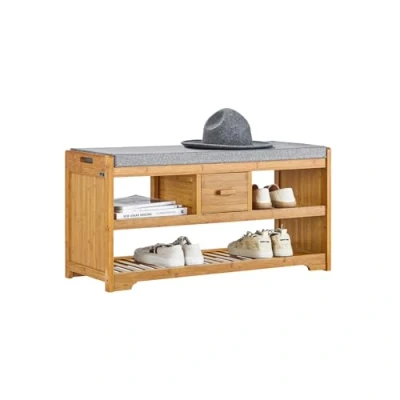 Image of SoBuy® FSR75 N, Bamboo 2 Tiers Shoe Rack Bench with Seat Cushion, Hallway Storage Organizer Drawer