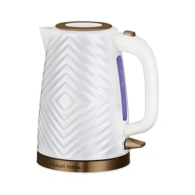 Image of Russell Hobbs Groove Electric 1.7L Cordless Kettle (Fast Boil 3KW, White textured plastic with brushed gold accents, Removable washable anti scale filter, Push to open lid, Perfect pour spout) 26381