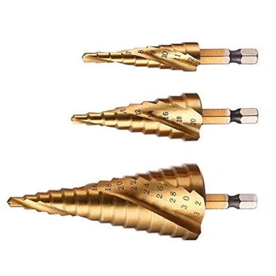 Image of Spiral Grooved Step Drill Bit Set, High Speed Steel Titanium Coated, 4mm to 12/20/32 mm (5/32&quot; 5/4&quot;) Hex Shank Metric, HSS Cut Tool Set for DIY Plastic Wood Metal Aluminum Copper
