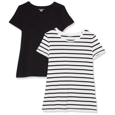 Image of Amazon Essentials Women&#039;s Classic Fit Short Sleeve Crewneck T Shirt, Pack of 2, Black/White Stripes, M