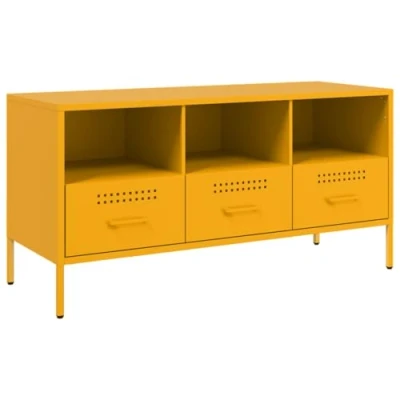 Image of vidaXL TV Cabinet Stand Unit Media Console Mustard Yellow Cold Rolled Steel, Adjustable Feet, Ample Storage for Living Room/Bedroom 100.5x39x50.5 cm