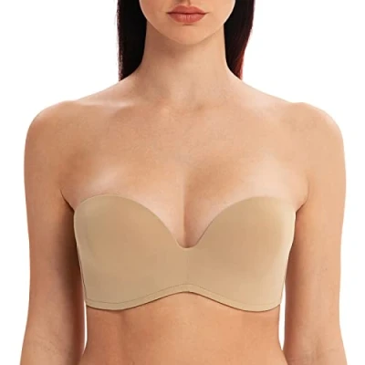 Image of MELENECA Women&#039;s Wireless Stay Put Seamless Lightly Padded Push Up Strapless Bra Almond 36D