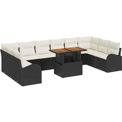 Image of vidaXL 11 Piece Garden Dining Set with Cushions Black Poly Rattan Acacia