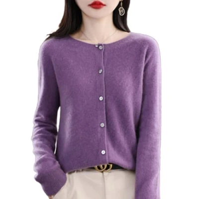 Image of TeysHa Women&#039;s Cashmere Cardigan Sweater,Wool Crew Neck Button Down Long Sleeve Sweater,Soft Warm Knit Elastic Jumpers (Magenta,Medium)