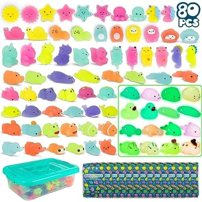 Image of Mochi Squishy Toys for Party Bag Fillers Kids Pack 80 BONNYCO Favours with Glow in the Dark, Unisex, Fidget Pinata Filler Birthday
