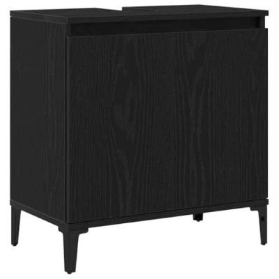 Image of vidaXL Black Oak Bathroom Sink Cabinet Engineered Wood Modern Storage Unit for Essentials Matte Finish Compact Design 58cm x 33cm 50cm 2 Doors Indoor Use