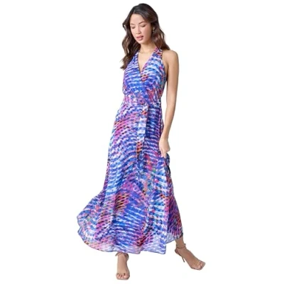 Image of Roman Womens Abstract Print Halterneck Maxi Dress Blue Size 18 UK