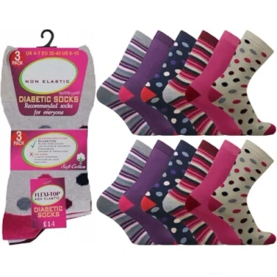 Image of OnlyBee 6 Pairs of Womens Non Binding Diabetic Soft Loose Top Spots &amp; Stripes Socks