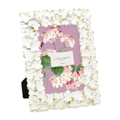 Image of Laura Ashley 4x6 White &amp; Gold Flower Textured Hand Crafted Resin Picture Frame w/Easel Hook for Tabletop Wall Display, Decorative Floral Design Home Décor, Photo Gallery, Art (4x6, White/Gold)