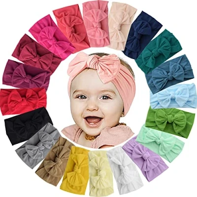 Image of ALinmo 20PCS Elastic Nylon Turban Stretchy Soft Wide Bowknot Headbands for Babies Newborn Baby Girl Infant Toddler