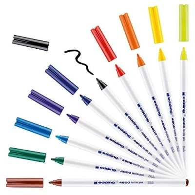 Image of edding 4600 textile pen box of 10 colours round nib 1 mm permanent fabric pens for drawing on textiles, wash resistant to 60 C
