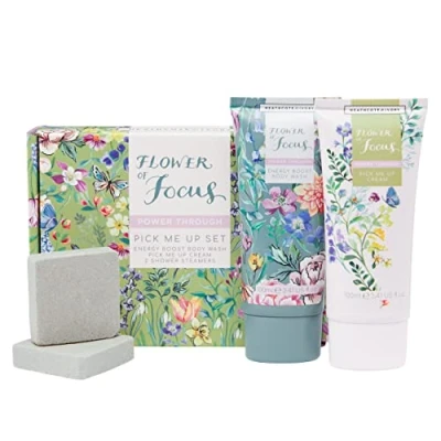 Image of Heathcote &amp; Ivory Flower of Focus Pick Me Up Gift Set 100ml Body Wash 100ml, All Purpose Rich Cream 2 x 30g Shower Steamers Cruelty Free Vegan Friendly
