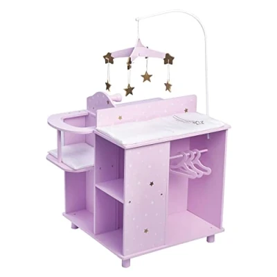 Image of Olivia&#039;s Little World Wooden Baby Doll Changing Station with Crib, Table, High Chair, Double Door Closet, Sink and Washing Machine, Lilac White