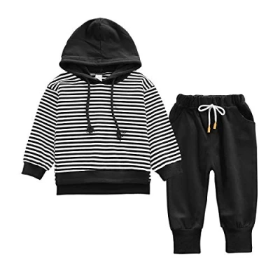 Image of Boy Clothes Age 3 4 Years Old Kids Tracksuit Outfit Black Striped Hooded Sweat Shirt and Pants Set Spring Clothing