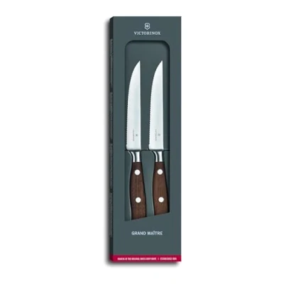 Image of Victorinox Grand Maître, Carving Set, 2 Pieces, Extra Sharp Blade, Wavy Edge, 12 cm, Noble Wooden Handle, Stainless Steel, Brown