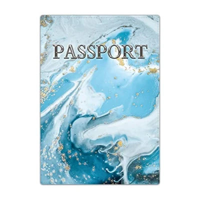 Image of Passport Holder Cover, PU Leather Travel Wallet Case Organiser for Passport, Business Cards, Credit Boarding Passes (Blue Wave Marble)