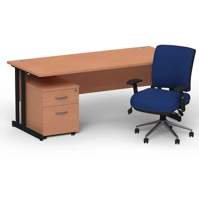 Image of Impulse 1800 Black Cant Desk Beech + 2 Dr Mobile Ped &amp; Chiro Blue