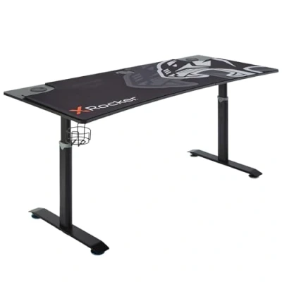 Image of x Rocker Cougar Standing Desk Adjustable Height 160 80cm Large Gaming with Manual Adjustment 65 80cm, Steel Construction Cup Holder &amp; FREE Mousepad, Carbon Fibre Workstation BLACK