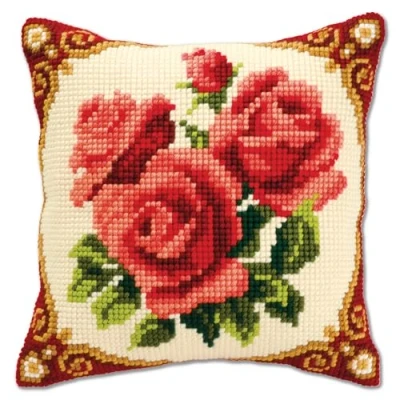 Image of Vervaco Red Roses Cross Stitch Cushion, Multi Colour