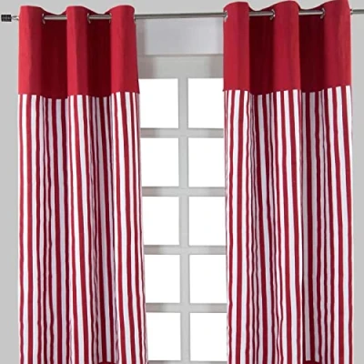 Image of HOMESCAPES Red 1 Thick Stripe Eyelet Curtain Pair 117cm (46&quot;) Wide x 137cm (54&quot;) Drop 100% Cotton Ring Top Striped Curtains