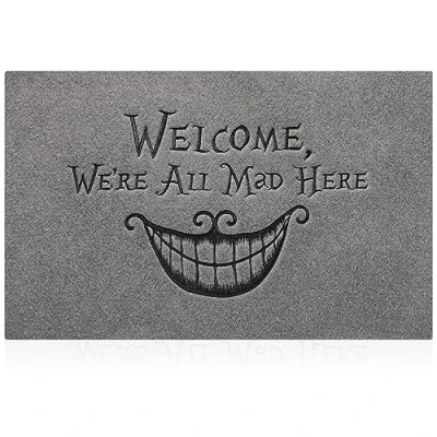 Image of Door Mats Indoor Outdoor Heavy Duty Mat Floor Inside For Front Back We&quot;RE All Mad Here Mats, Entryway, Hallway Non slip Rubber Backing Doormats Light Grey