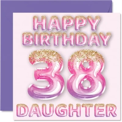 Image of 38th Birthday Card for Daughter Pink &amp; Purple Glitter Balloons Happy Cards 38 Year Old from Mum Dad Parents, 145mm x Bday Greeting Gift