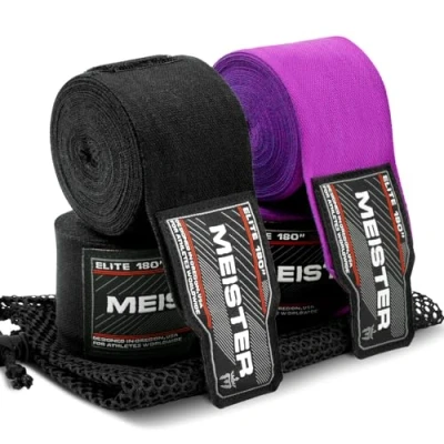 Image of Meister Elite 180&quot; Premium Adult Hand Wraps for MMA &amp; Boxing 2 Pair Pack w/Mesh Bag Black/Royal Purple