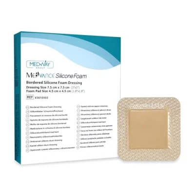 Image of MedVanceTM Silicone Bordered Adhesive Foam Dressing, Size 7.5 cm x cm, (4.5 4.5 pad), Box of 5 dressings