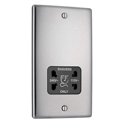 Image of BG Electrical 115 and 240 V Dual Voltage Shaver Socket, Brushed Steel with Black Insert