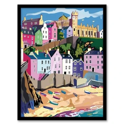Image of Artery8 Tenby Harbour Beach Coastal Townscape Colourful Living Room Artwork Framed Wall Art Print 18X24 Inch