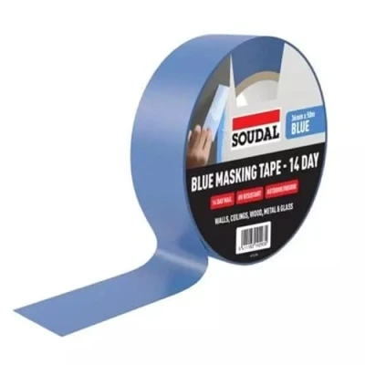 Image of Soudal 50m Blue General Purpose Masking Tape 14 Day Self Adhesive Sealing Tapes Low Tack Wide Painters Paint Lines and Crisp Edges For Renovation Work Indoor Painting Artists Decoration (36mm x 50m)