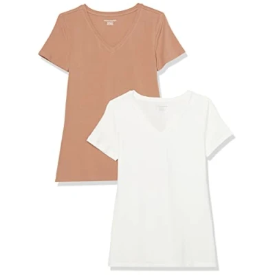 Image of Amazon Essentials Women&#039;s Classic Fit Short Sleeve V Neck T Shirt, Pack of 2, Light Brown/White, XS
