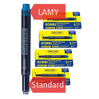 Image of ONLINE double sided pen ink cartridges, universal refills, compatible with all common fountain pens, even Lamy pens Spare cartridges 4 pack Erasable, washable, colour royalblue