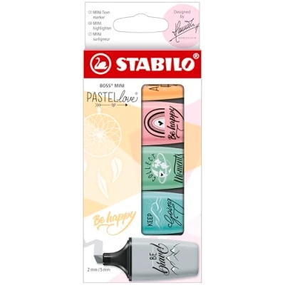 Image of Highlighter STABILO BOSS MINI Pastellove Pack of 5 Touch Turquoise, Hint Mint, Pale Orange, Pink Blush, Dusty Grey