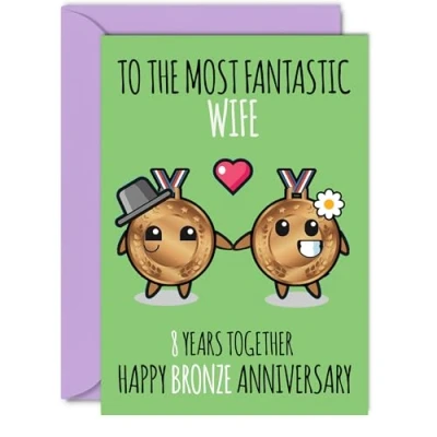 Image of Cute Bronze Anniversary Card for Wife 8 Years Together Happy 8th Wedding Cards from Husband, A5 Greeting Eighth Anniversaries