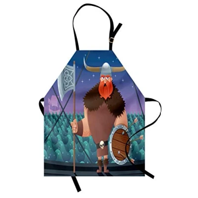Image of ABAKUHAUS Nordic Apron, Cartoon Viking on Ship, Unisex Kitchen Bib Apron with Adjustable Neck for Cooking Baking Gardening, Multicolor