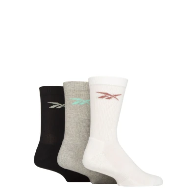 Image of Mens and Women&#039;s 3 Pair Reebok Essentials Cotton Crew Socks with Arch Support White / Grey Black 4.5 6 UK